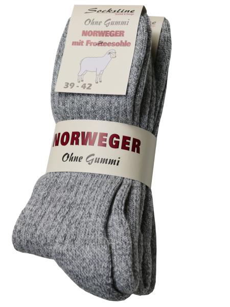 3 Paar Norweger Socken Schafwolle ohne Gummi, Grau, 3er Buendel