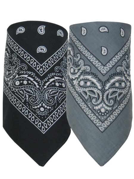 2er Set Bandana Paisley Muster Halstuch Nickituch Haarband, Schwarz - Grau