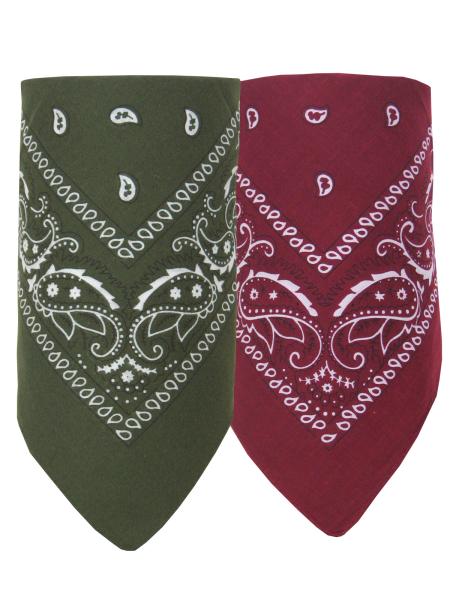 2er Set Bandana Paisley Muster Halstuch Nickituch Haarband, Olivgrün - Weinrot
