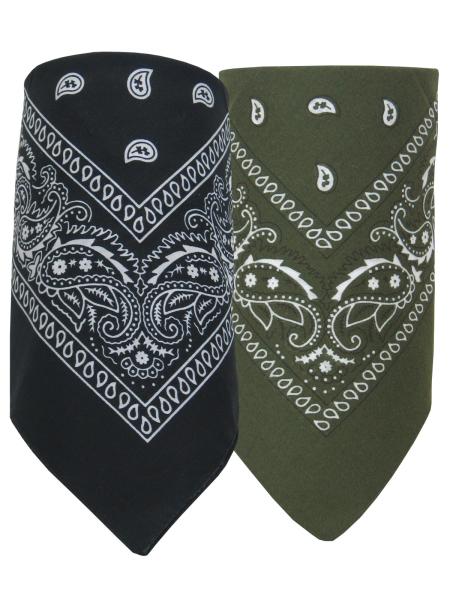 2er Set Bandana Paisley Muster Halstuch Nickituch Haarband, Schwarz - Olivgrün